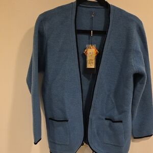Womens Knit SuitBlue Open Cardigan with Black Trim And Skirt